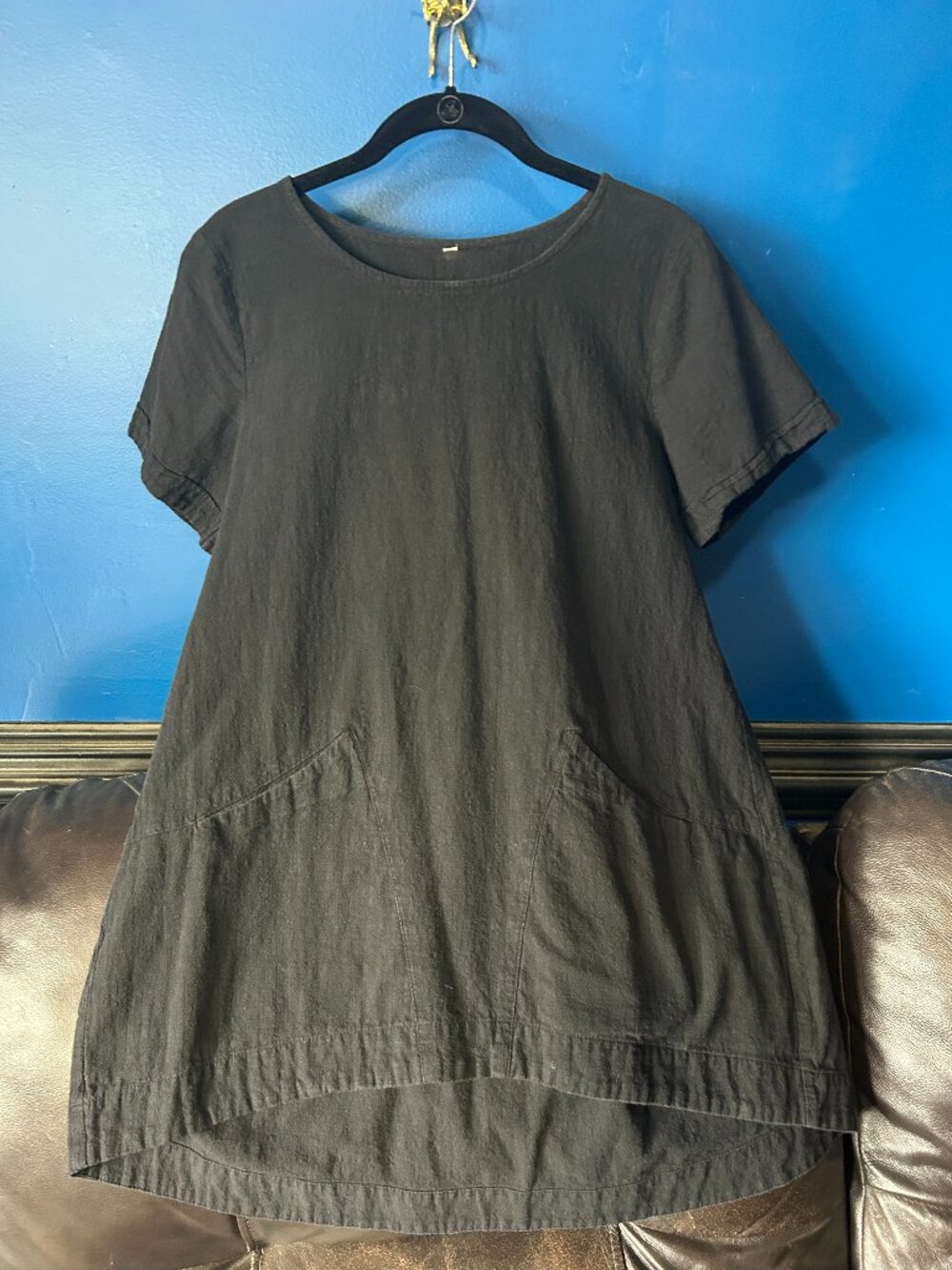 Minibee black linen short sleeve top tunic pockets a-line Medium